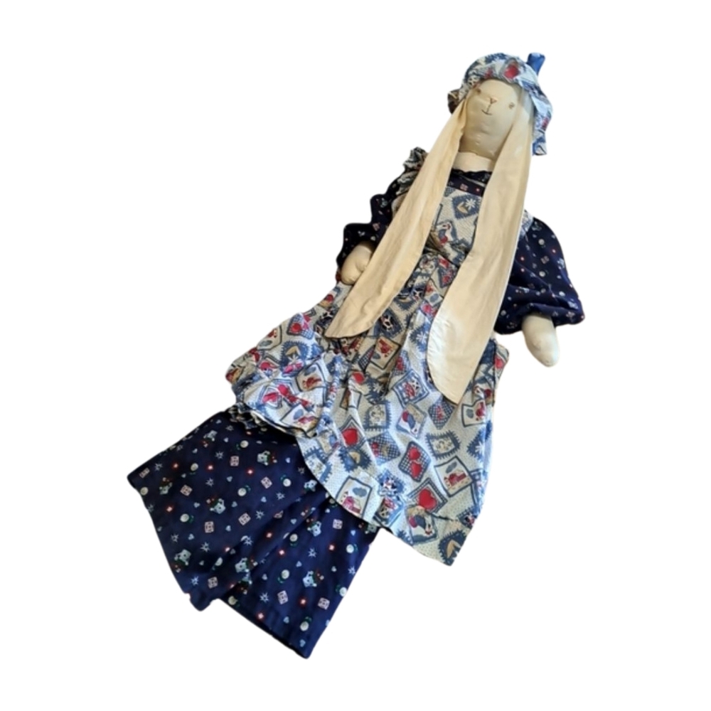 Rabbit Handmade Doll with Long Ears and a Patchwork Apron over a Navy Blue Dress - Picture 2 of 5